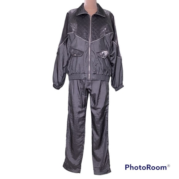 Vintage Pants - Vintage Active Frontier Metallic Silver Windbreaker Jacket & Pants Matching Set
